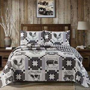Grey Farmhouse Animals Printed King Quilt Set Country Primitive Rooster